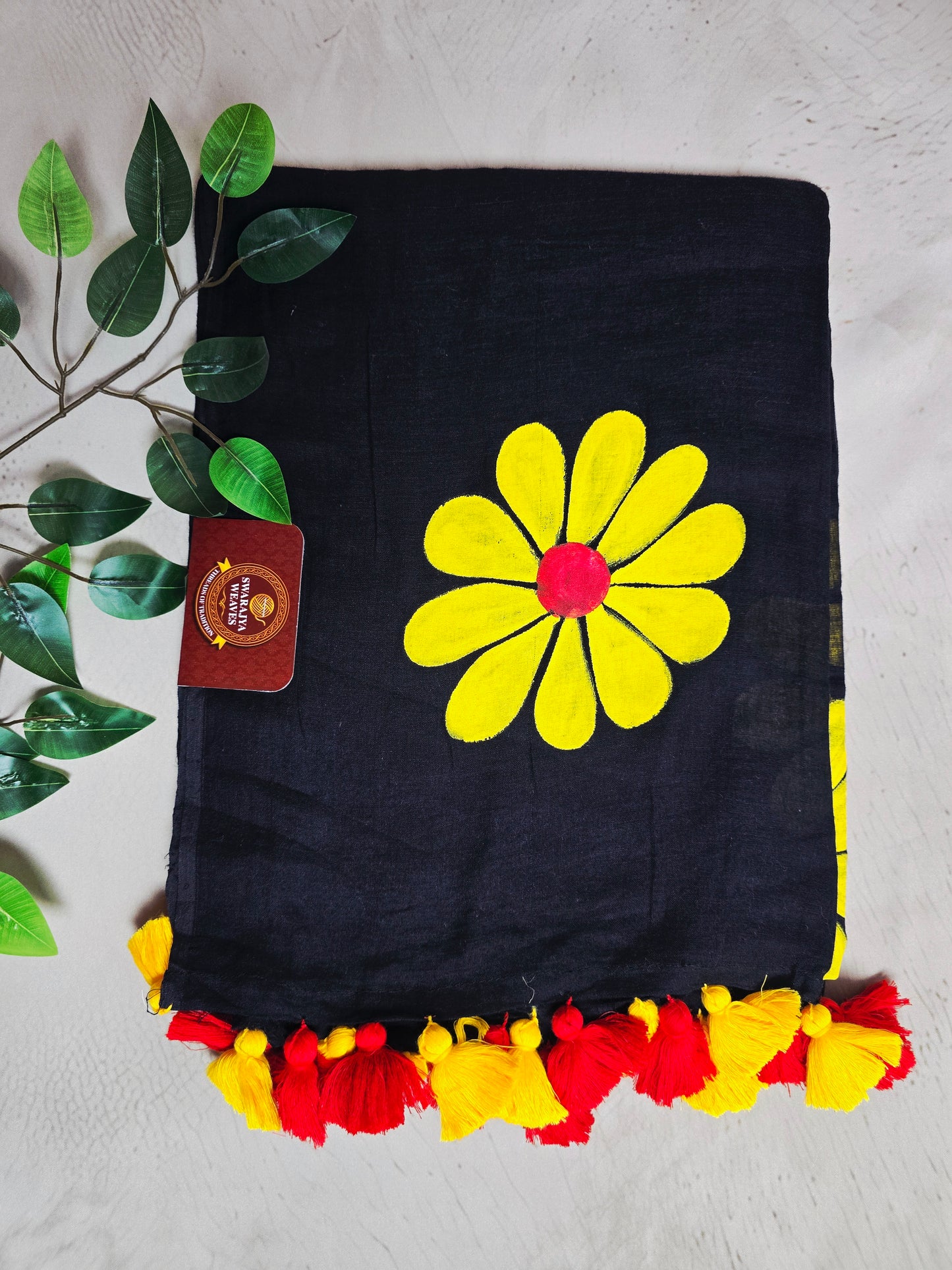 Midnight Black & Sunshine Yellow Hand Painted Mul Cotton Saree with Scarlet Red Tassels