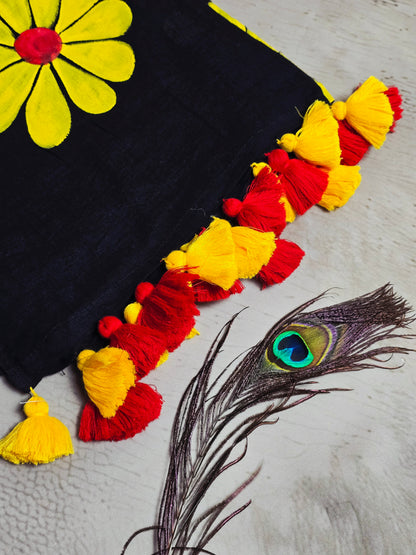 Midnight Black & Sunshine Yellow Hand Painted Mul Cotton Saree with Scarlet Red Tassels