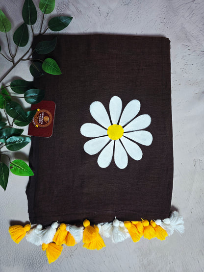 Chocolate Brown Hand Painted Daisy Mul Cotton Saree with White & Mustard Tassels