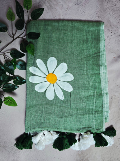 Sage Green Hand Painted Mul Cotton Saree with White Daisy Motif & Dual-Tone Tassels