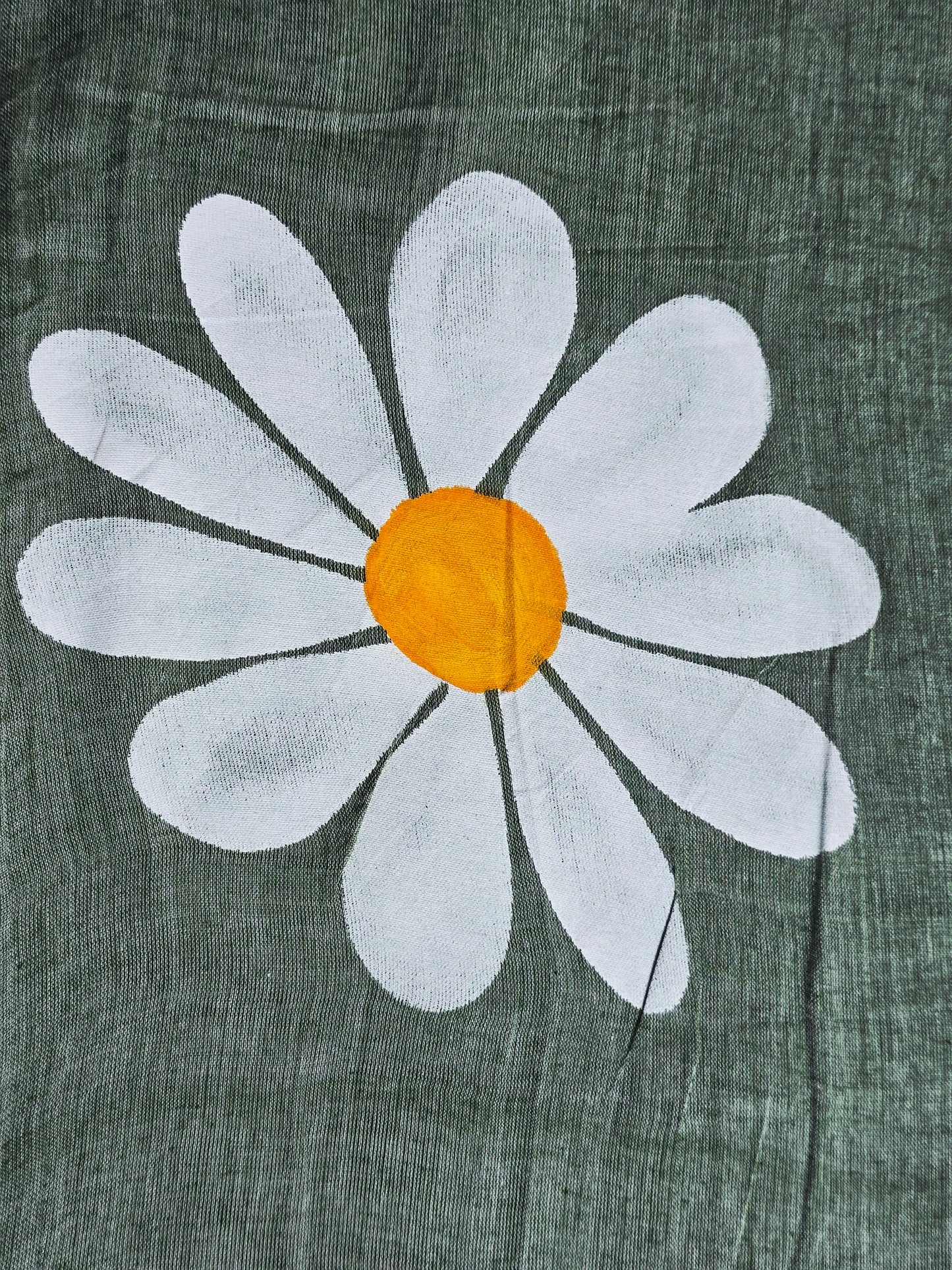 Sage Green Hand Painted Mul Cotton Saree with White Daisy Motif & Dual-Tone Tassels