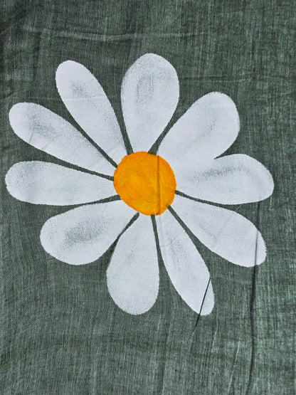 Sage Green Hand Painted Mul Cotton Saree with White Daisy Motif & Dual-Tone Tassels