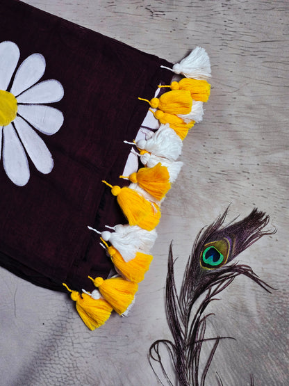 Chocolate Brown Hand Painted Daisy Mul Cotton Saree with White & Mustard Tassels