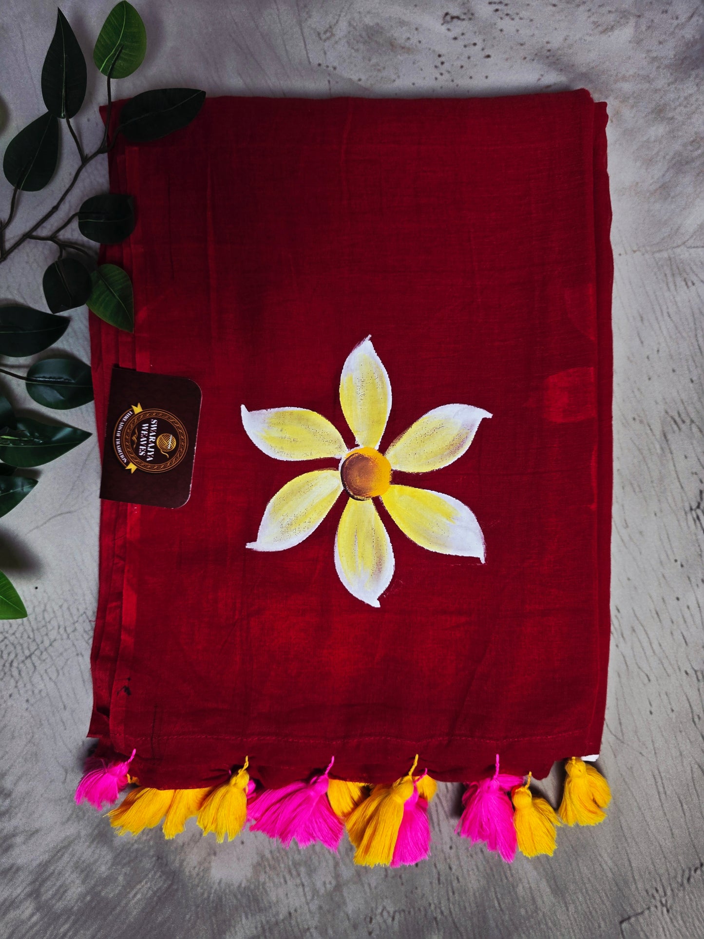 Ruby Red Hand Painted Blossom Mul Cotton Saree with Pink & Mustard Tassels