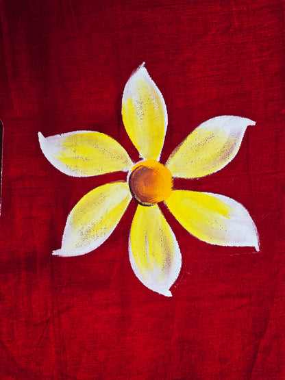 Ruby Red Hand Painted Blossom Mul Cotton Saree with Pink & Mustard Tassels
