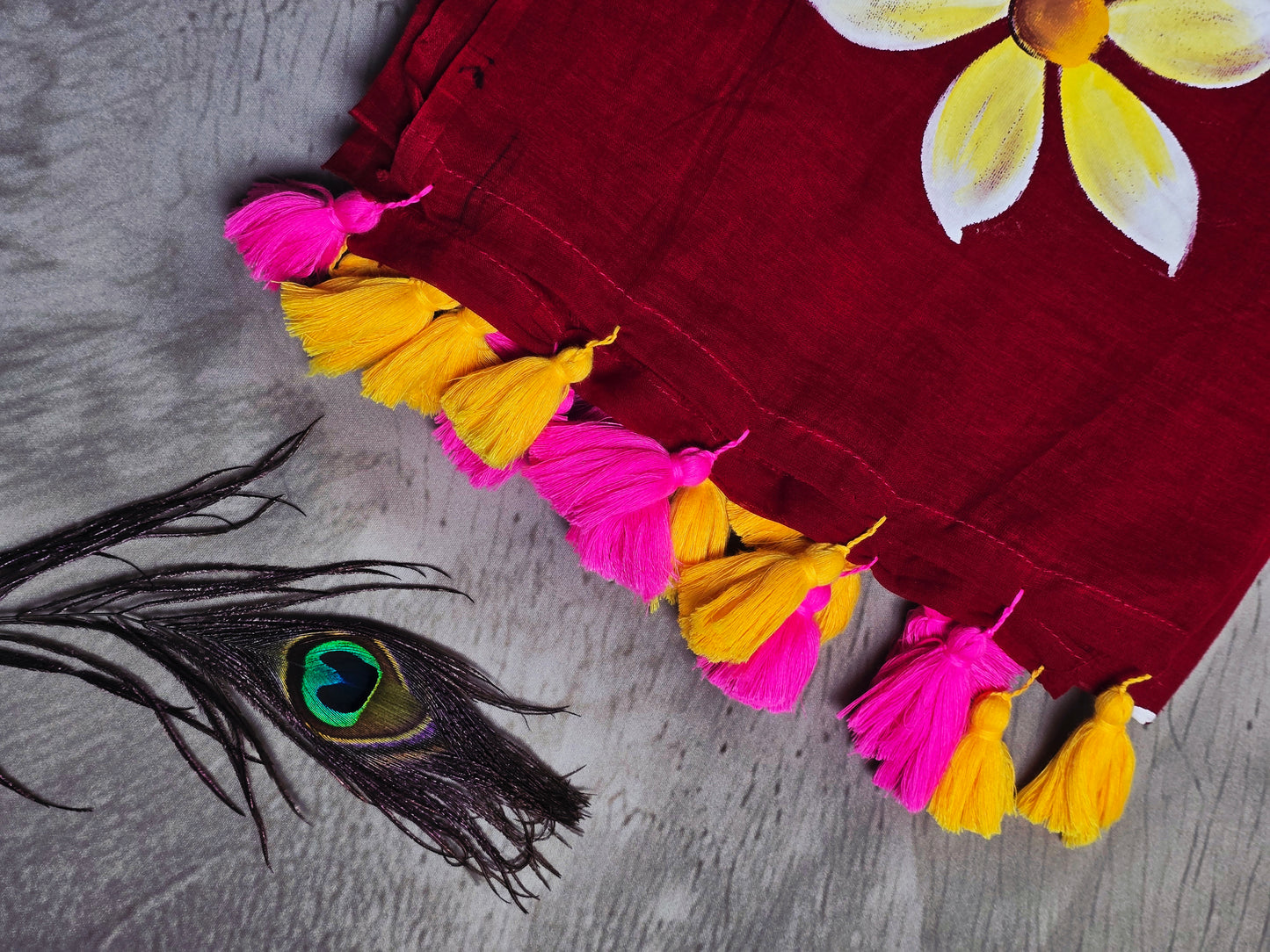 Ruby Red Hand Painted Blossom Mul Cotton Saree with Pink & Mustard Tassels