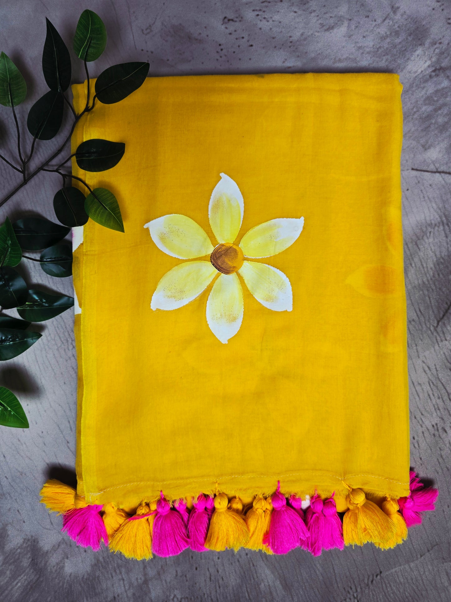 Sunshine Yellow Hand Painted Blossom Mul Cotton Saree with Pink & Mustard Tassels