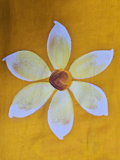 Sunshine Yellow Hand Painted Blossom Mul Cotton Saree with Pink & Mustard Tassels