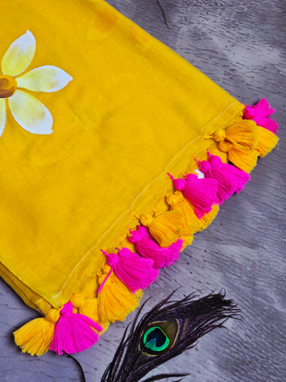 Sunshine Yellow Hand Painted Blossom Mul Cotton Saree with Pink & Mustard Tassels