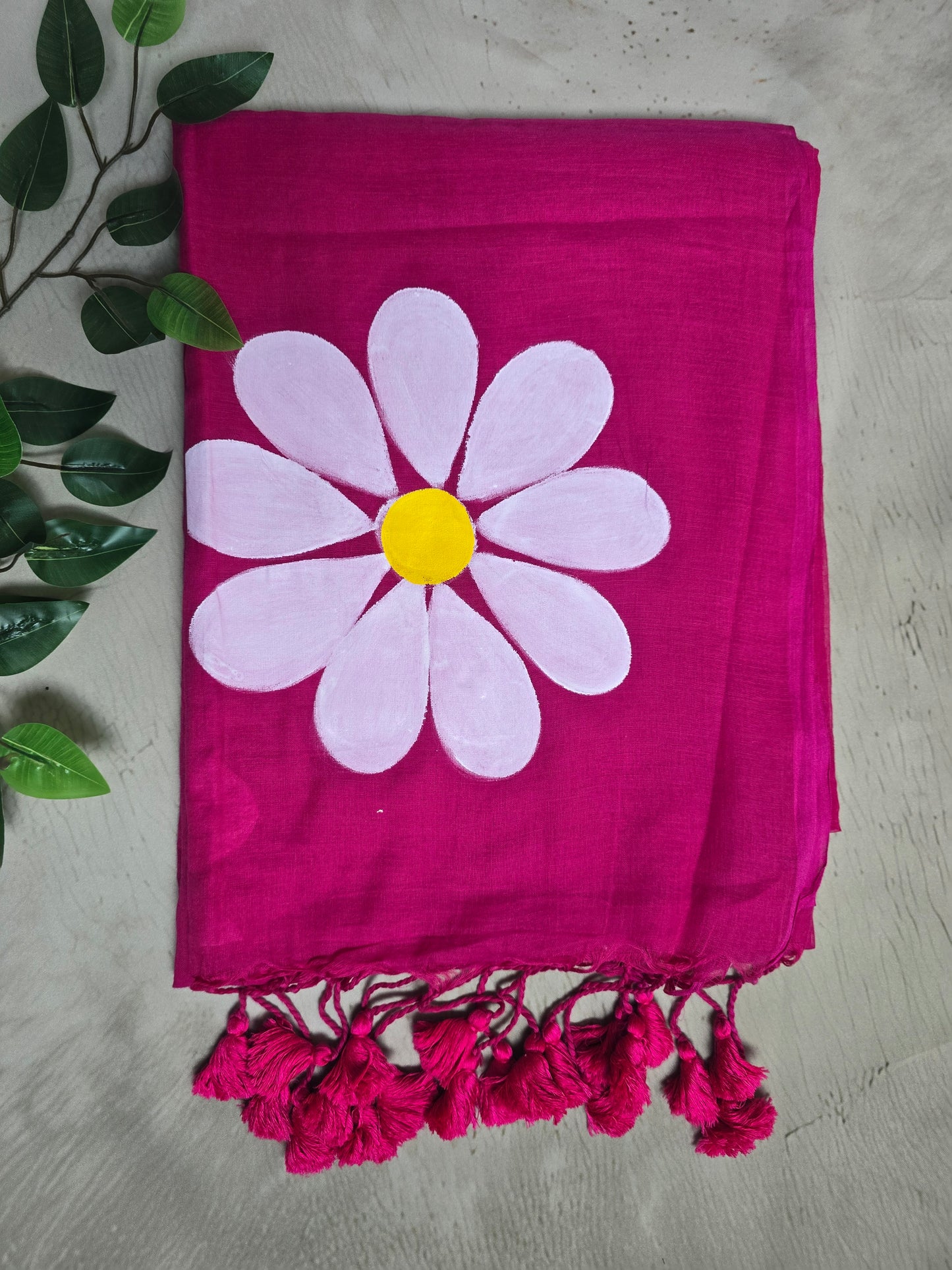 Fuchsia Pink Hand Painted White Daisy Mul Cotton Saree with Matching Tassels