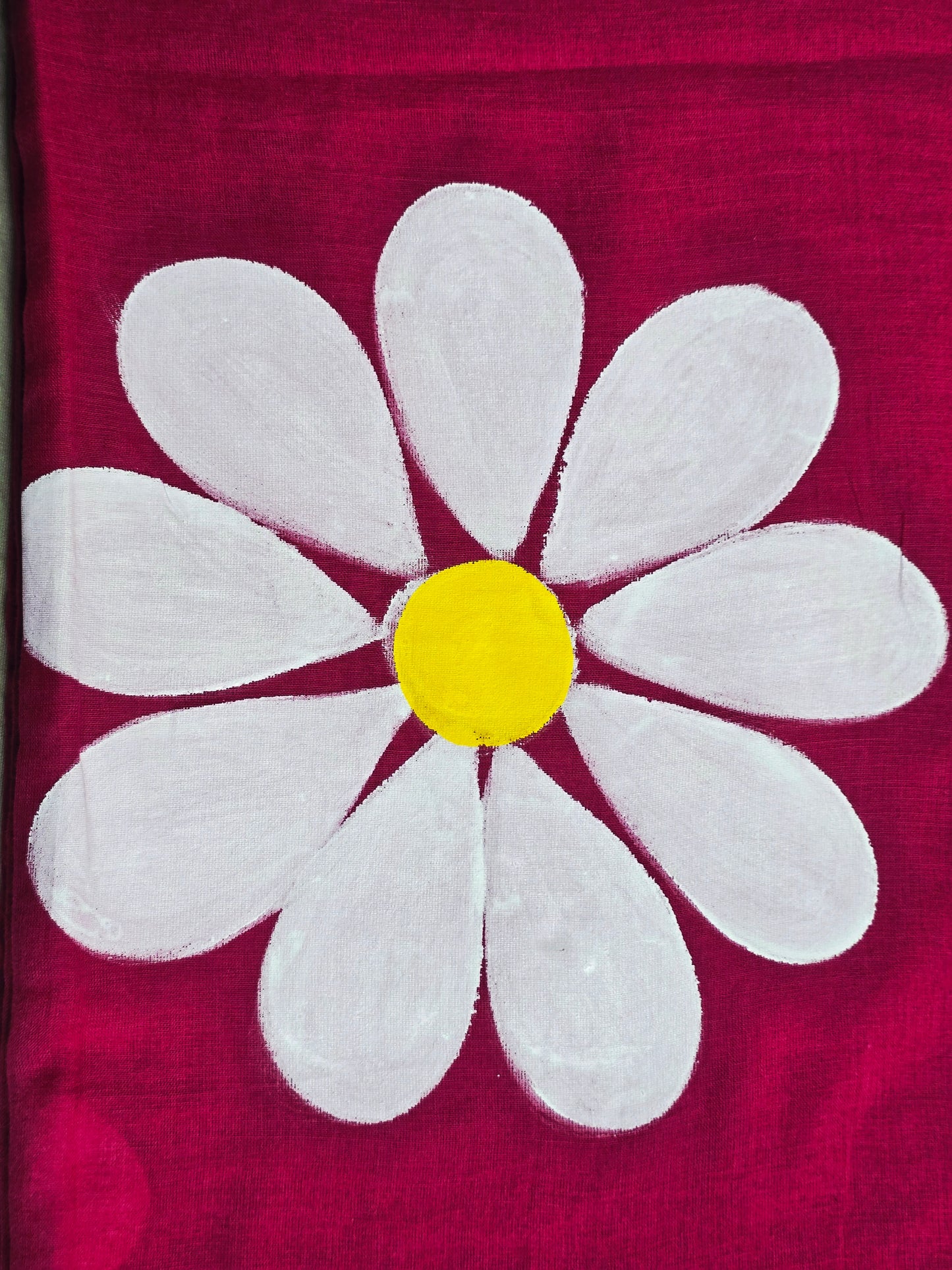 Fuchsia Pink Hand-Painted Daisy Mul Cotton Saree with White & Mustard Tassels