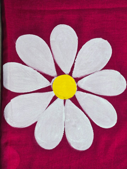 Fuchsia Pink Hand-Painted Daisy Mul Cotton Saree with White & Mustard Tassels
