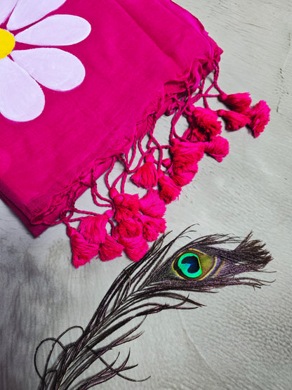 Fuchsia Pink Hand Painted White Daisy Mul Cotton Saree with Matching Tassels