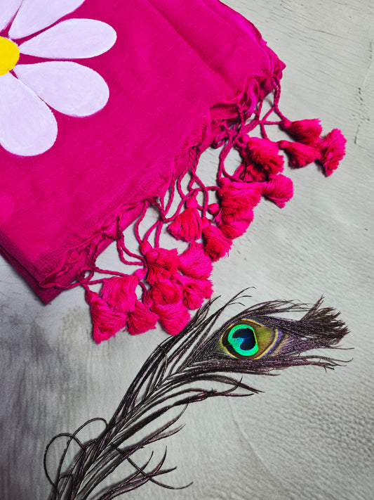 Fuchsia Pink Hand Painted White Daisy Mul Cotton Saree with Matching Tassels