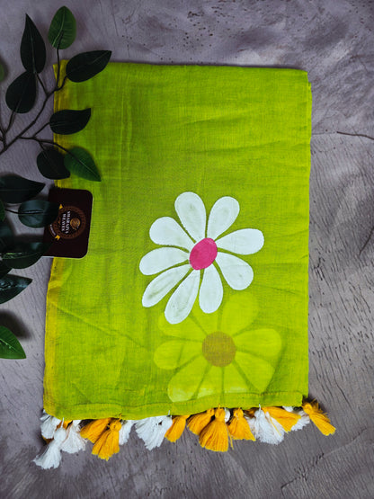 Lime Green Hand-Painted Daisy Mul Cotton Saree with White & Mustard Tassels