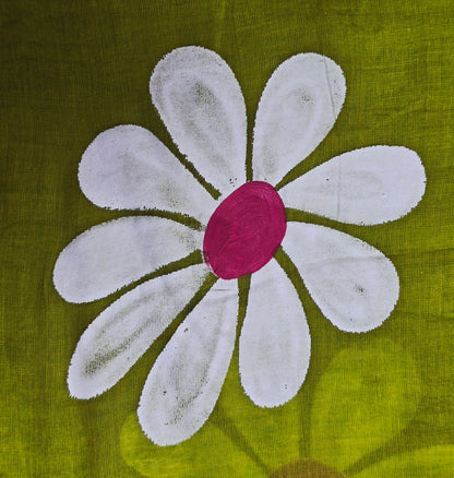 Lime Green Hand-Painted Daisy Mul Cotton Saree with White & Mustard Tassels