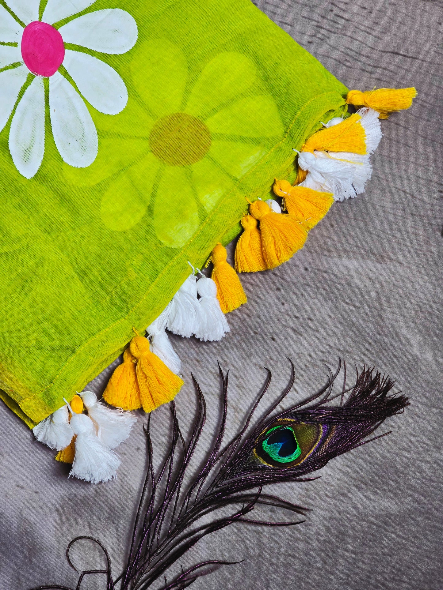 Lime Green Hand-Painted Daisy Mul Cotton Saree with White & Mustard Tassels