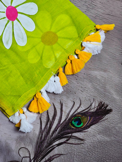 Lime Green Hand-Painted Daisy Mul Cotton Saree with White & Mustard Tassels