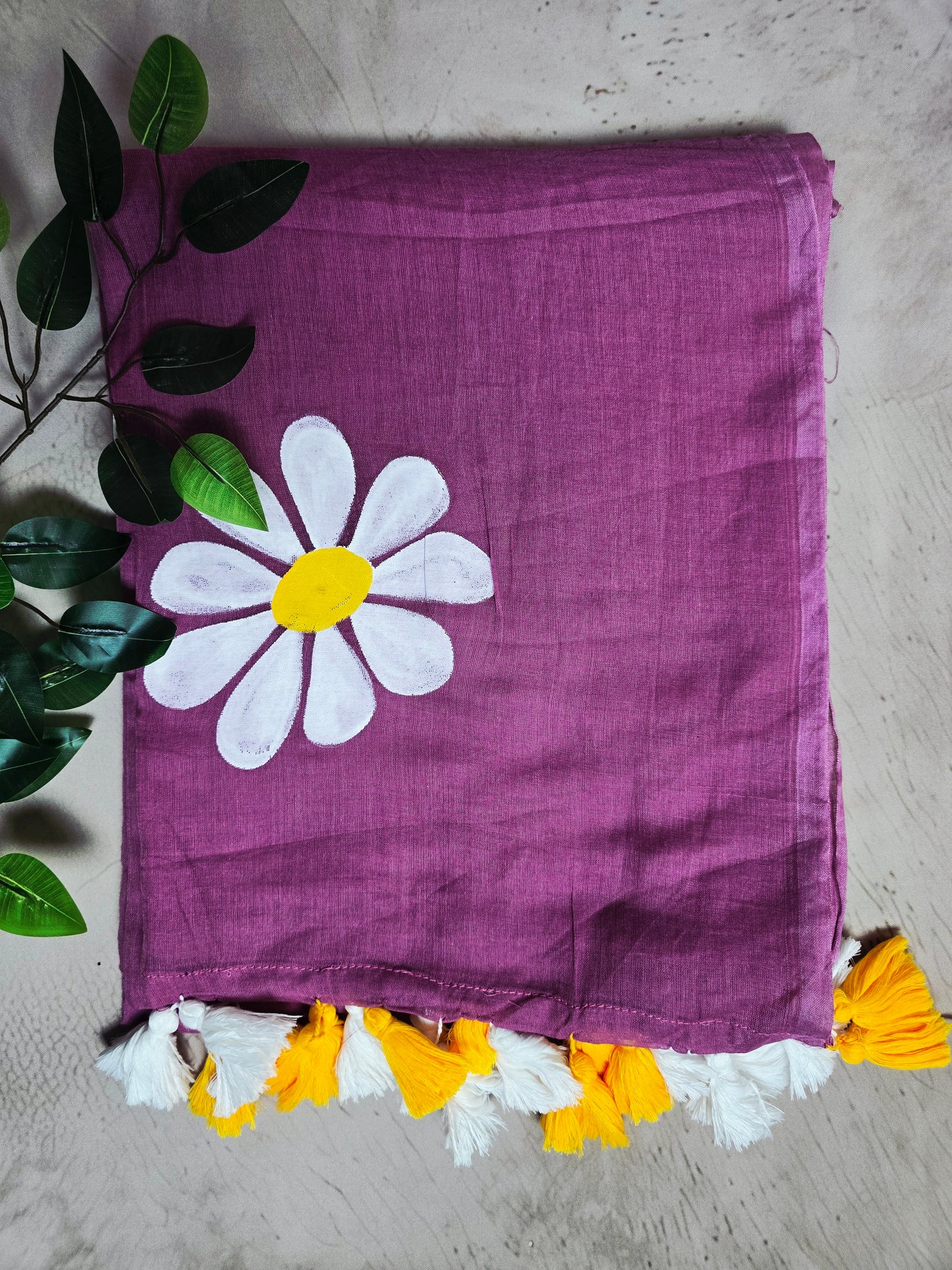 Orchid Purple Hand Painted Mul Cotton Saree with White Daisy Motif & Dual-Tone Tassels