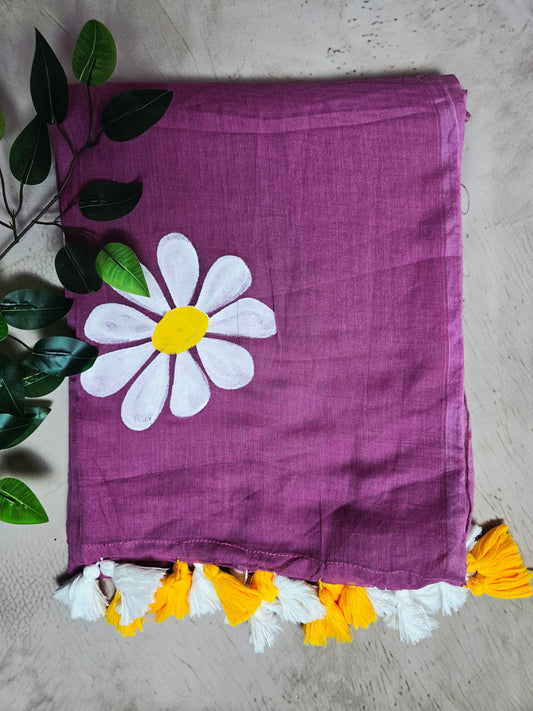 Orchid Purple Hand Painted Mul Cotton Saree with White Daisy Motif & Dual-Tone Tassels