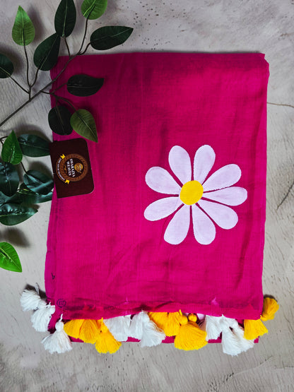 Fuchsia Pink Hand-Painted Daisy Mul Cotton Saree with White & Mustard Tassels
