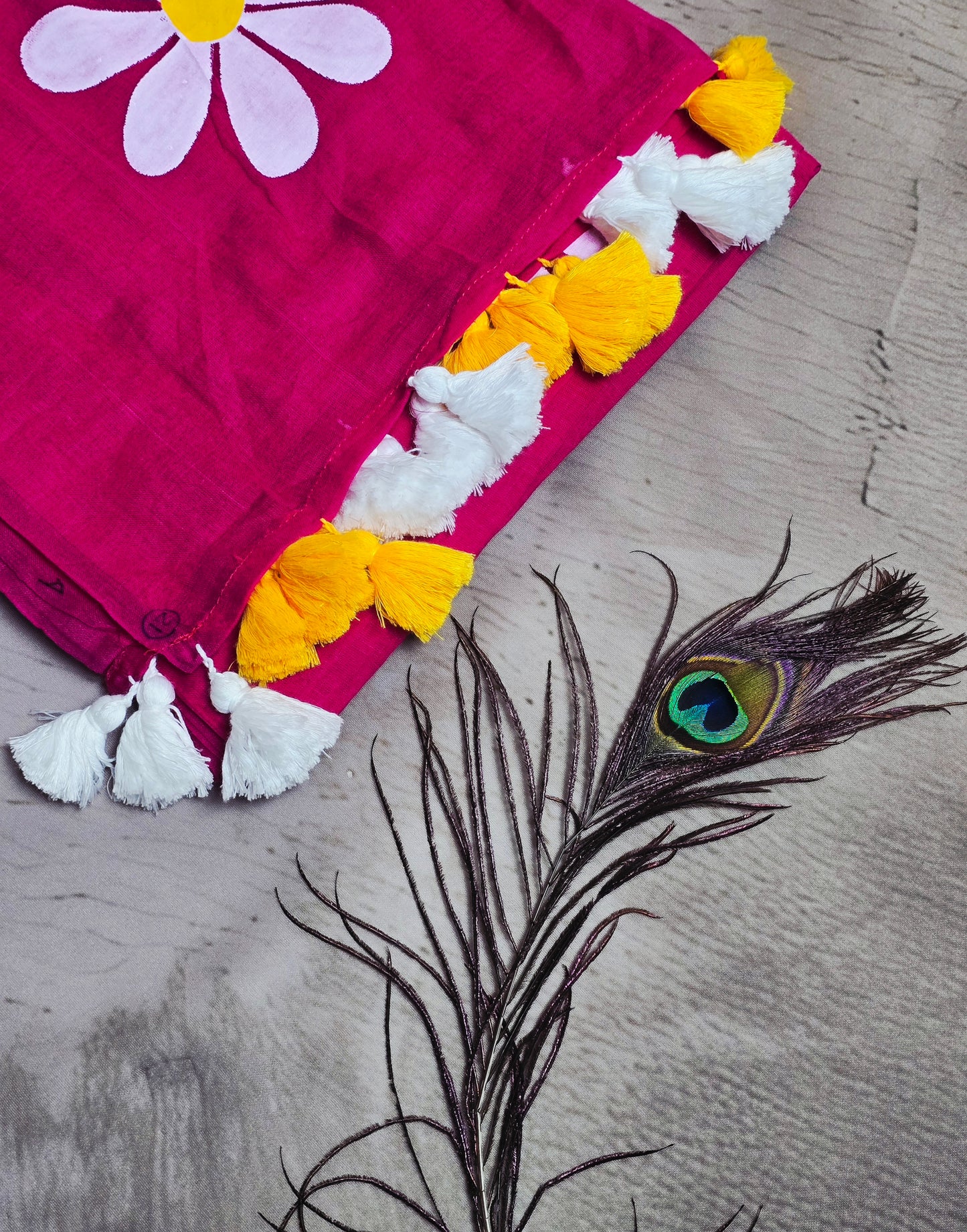 Fuchsia Pink Hand-Painted Daisy Mul Cotton Saree with White & Mustard Tassels