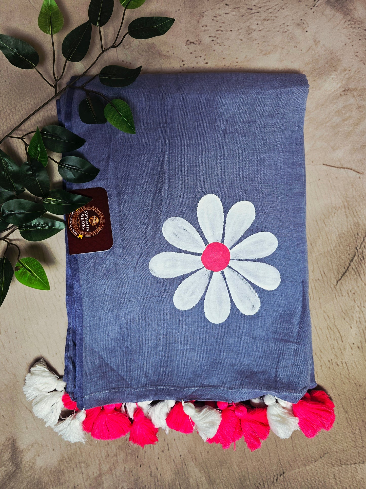 Hand Painted Smoky Blue Daisy Mul Cotton Saree