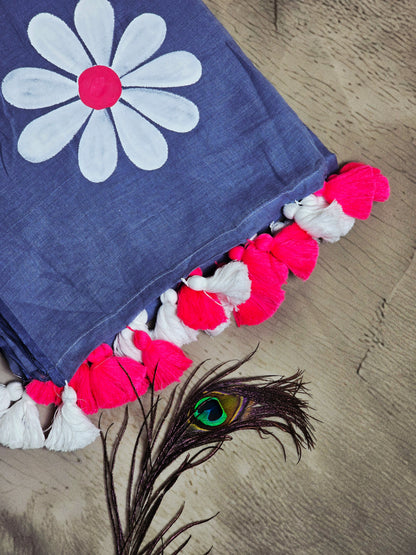 Hand Painted Smoky Blue Daisy Mul Cotton Saree