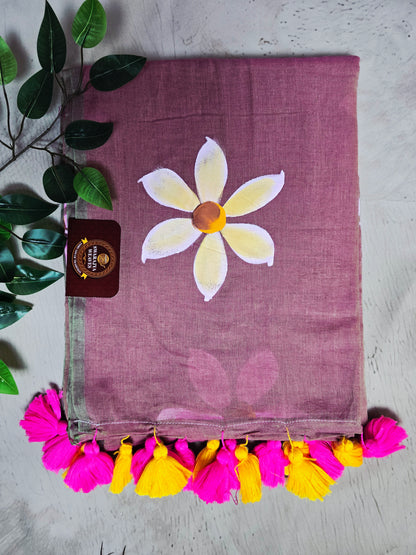 Dusty Rose & Ivory Hand Painted Mul Cotton Saree with Hot Pink & Sunshine Yellow Tassels