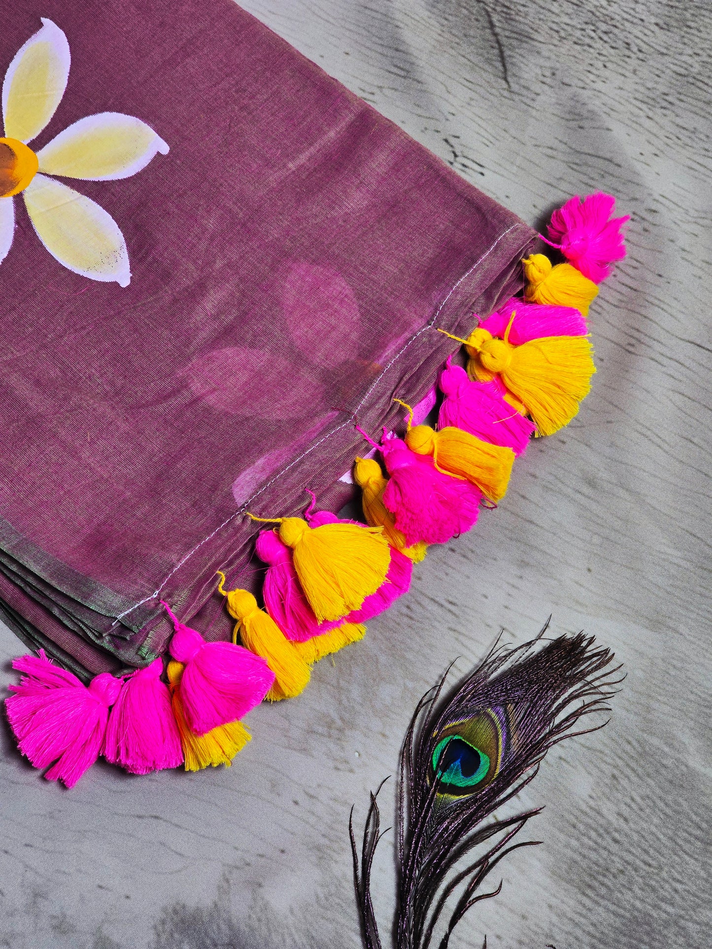 Dusty Rose & Ivory Hand Painted Mul Cotton Saree with Hot Pink & Sunshine Yellow Tassels