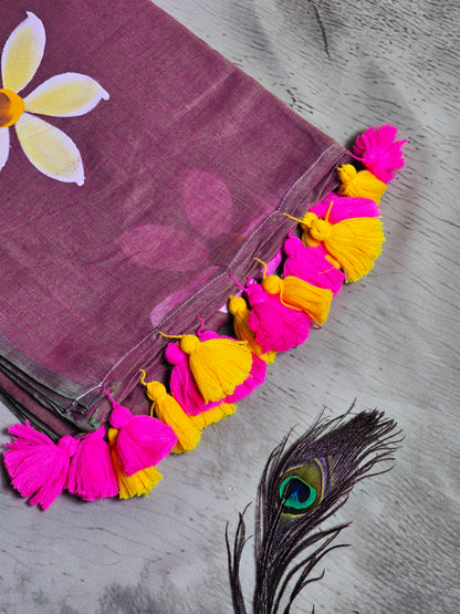 Dusty Rose & Ivory Hand Painted Mul Cotton Saree with Hot Pink & Sunshine Yellow Tassels