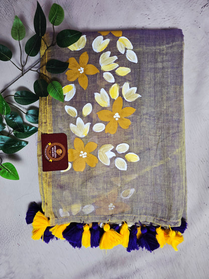Taupe & Mustard Hand Painted Floral Mul Cotton Saree with Yellow & Royal Blue Tassels