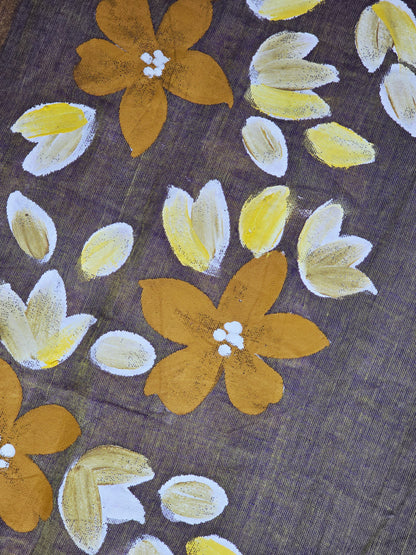 Taupe & Mustard Hand Painted Floral Mul Cotton Saree with Yellow & Royal Blue Tassels
