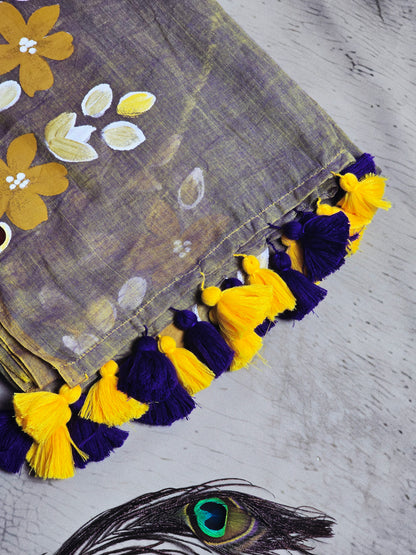 Taupe & Mustard Hand Painted Floral Mul Cotton Saree with Yellow & Royal Blue Tassels