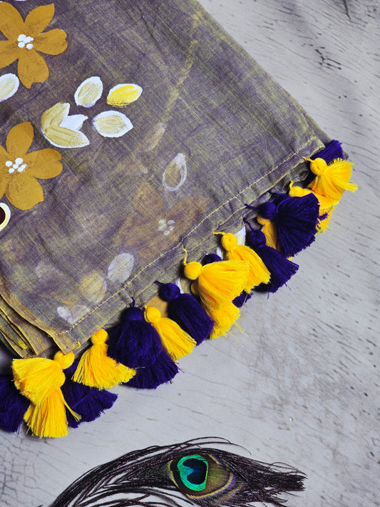 Taupe & Mustard Hand Painted Floral Mul Cotton Saree with Yellow & Royal Blue Tassels
