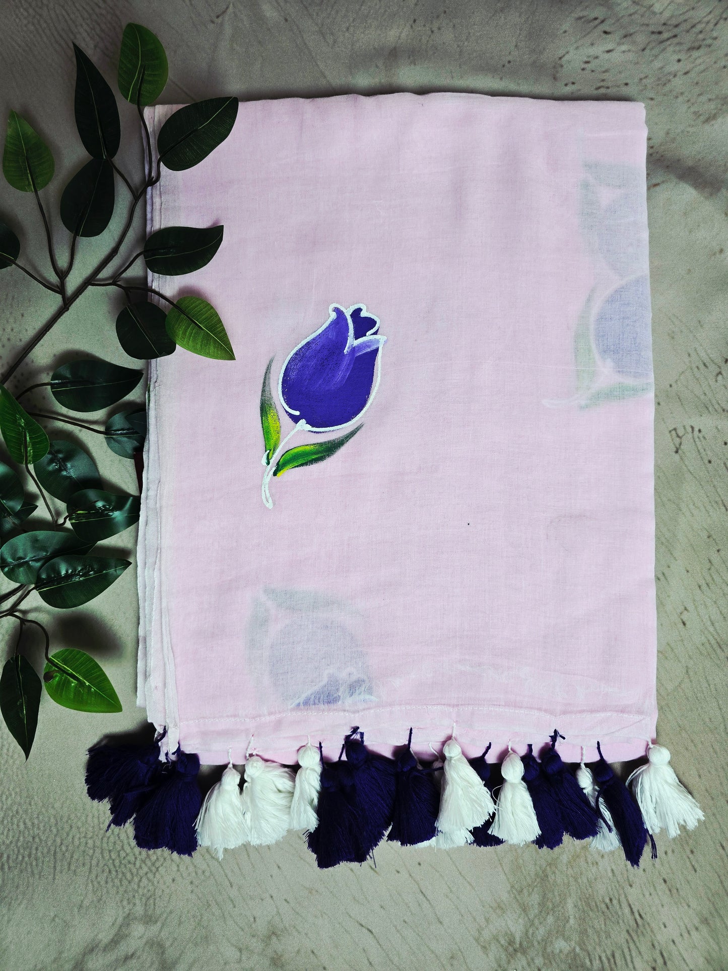 Baby Pink Hand-Painted Purple Tulip Mul Cotton Saree with White & Violet Tassels