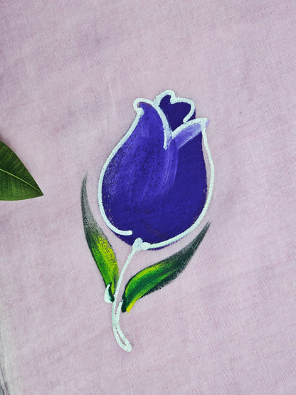 Baby Pink Hand-Painted Purple Tulip Mul Cotton Saree with White & Violet Tassels