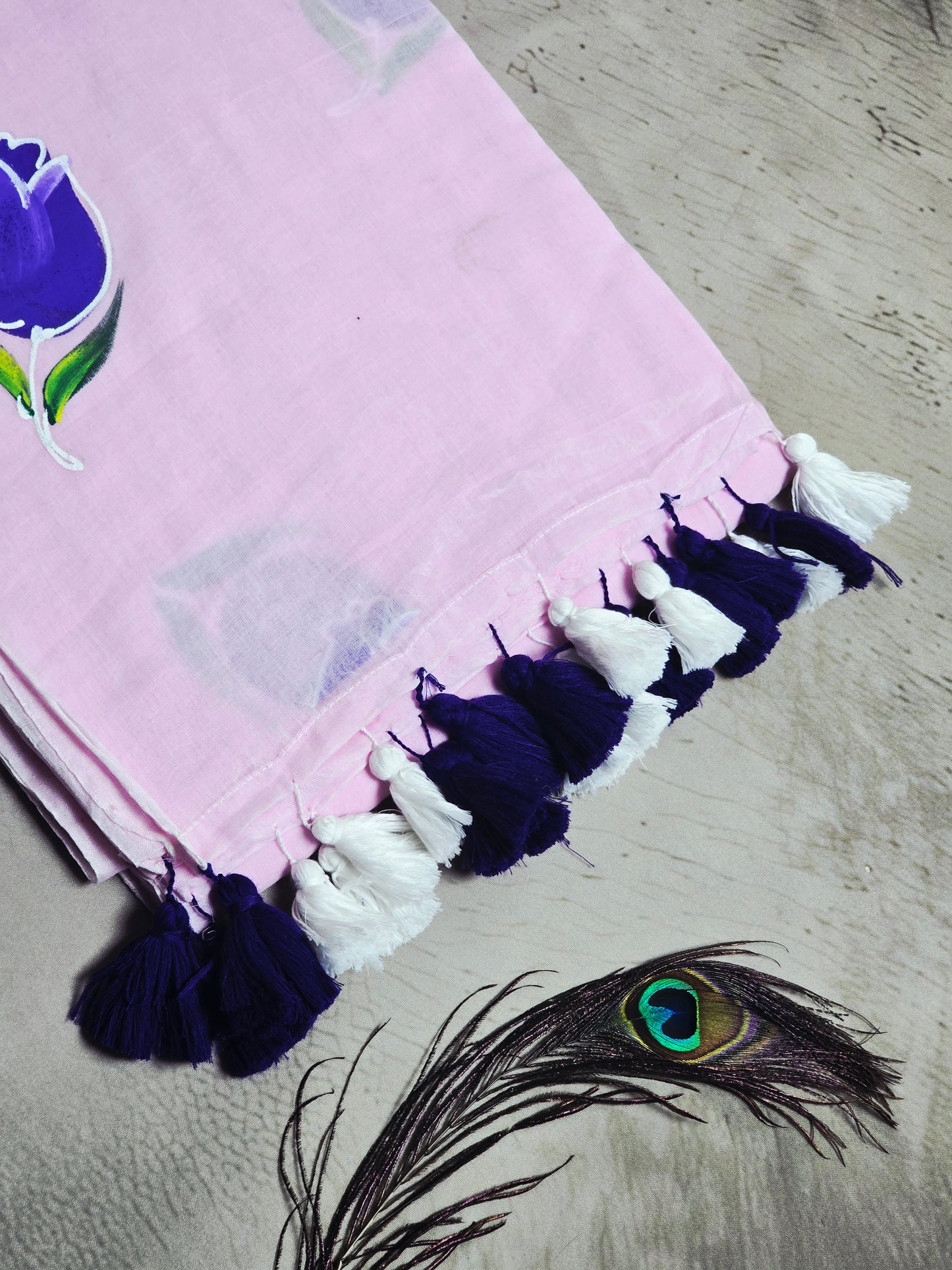 Baby Pink Hand-Painted Purple Tulip Mul Cotton Saree with White & Violet Tassels