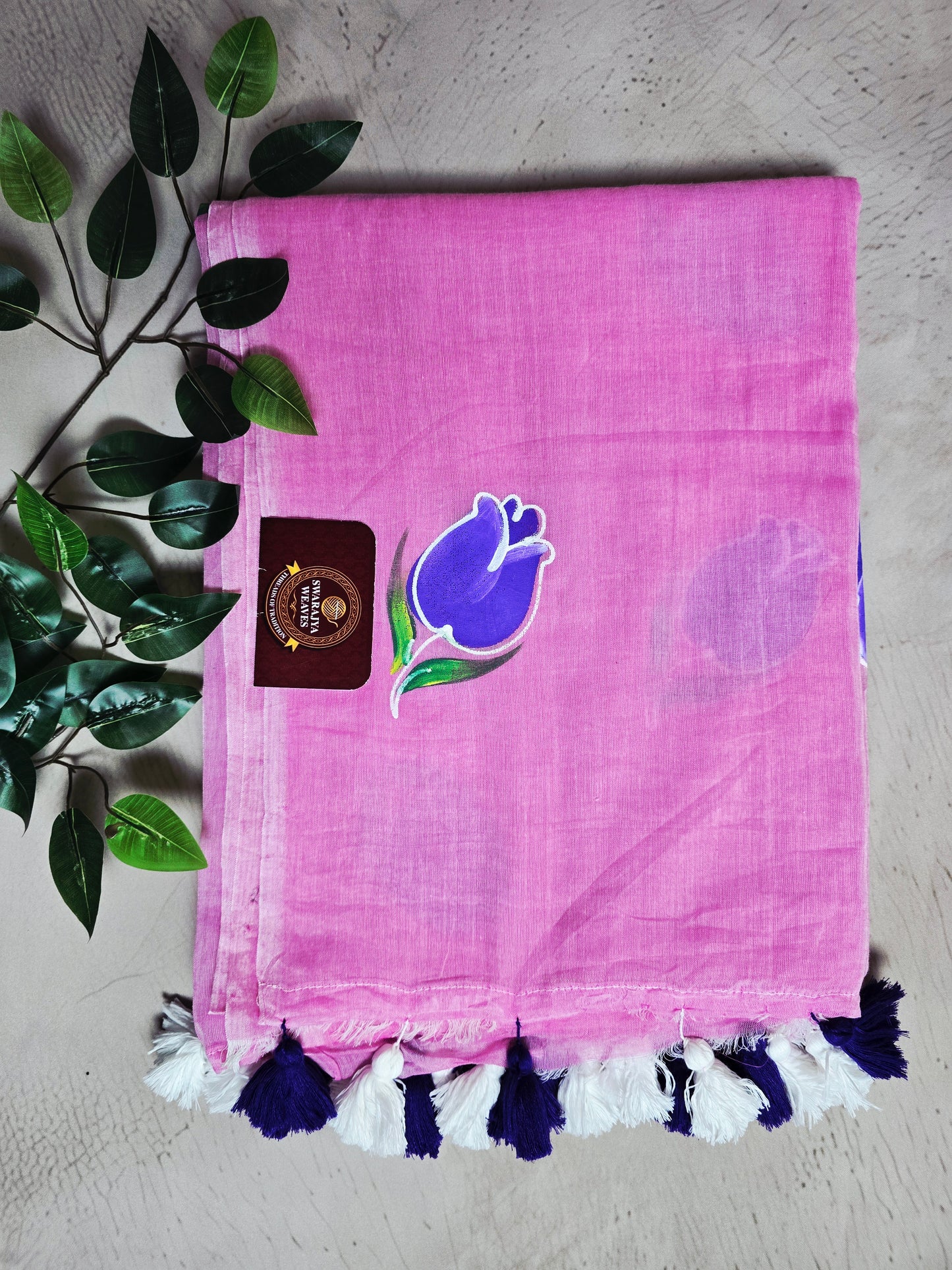 Blush Pink & Royal Purple Hand Painted Mul Cotton Saree with White & Royal Purple Tassels