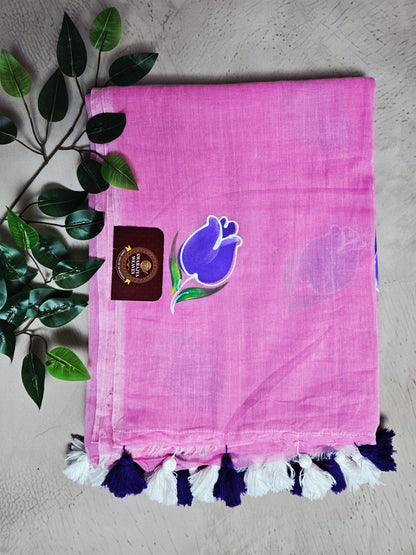 Blush Pink & Royal Purple Hand Painted Mul Cotton Saree with White & Royal Purple Tassels