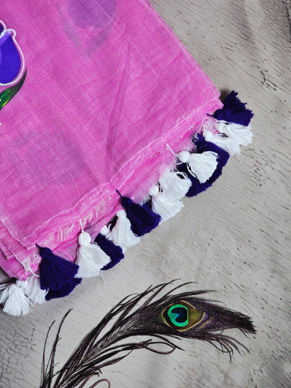 Blush Pink & Royal Purple Hand Painted Mul Cotton Saree with White & Royal Purple Tassels
