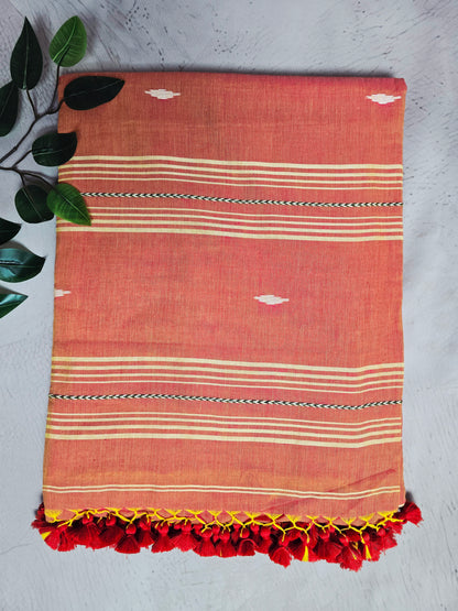 Coral Peach & Ivory Jamdani Woven Mul Cotton Saree with Scarlet Tassels
