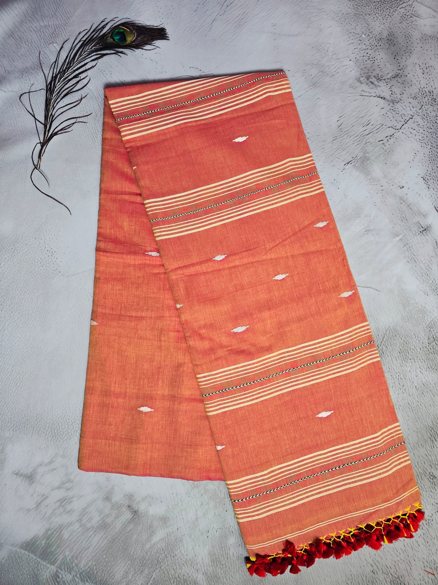 Coral Peach & Ivory Jamdani Woven Mul Cotton Saree with Scarlet Tassels
