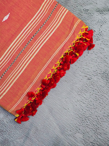 Coral Peach & Ivory Jamdani Woven Mul Cotton Saree with Scarlet Tassels