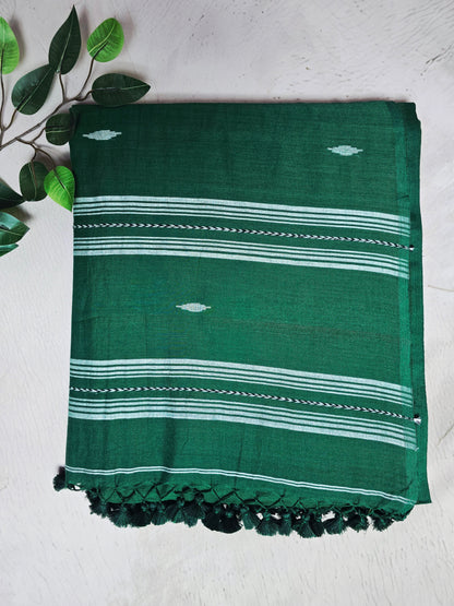 Emerald Green & White Jamdani Woven Mul Cotton Saree with Handcrafted Tassels