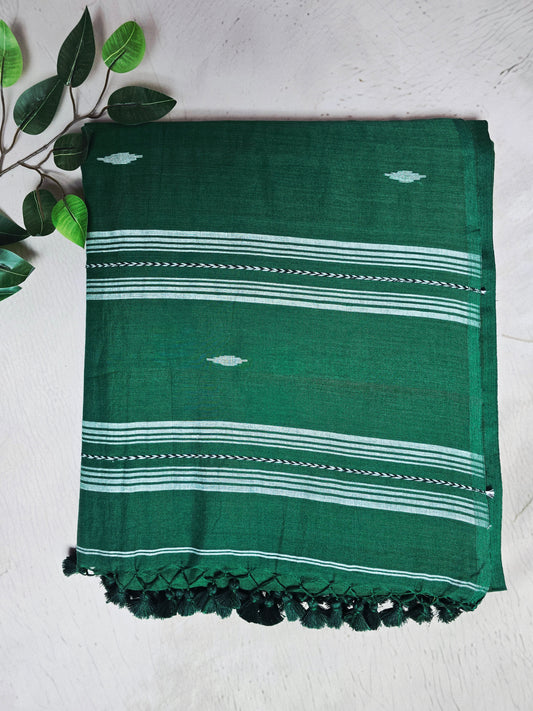 Emerald Green & White Jamdani Woven Mul Cotton Saree with Handcrafted Tassels