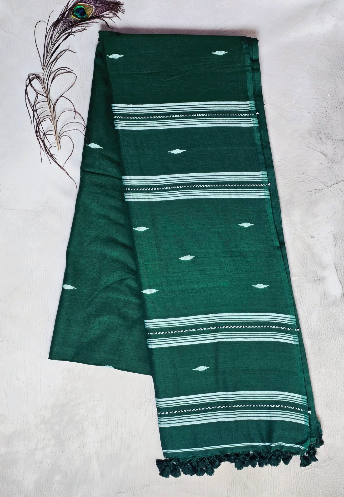 Emerald Green & White Jamdani Woven Mul Cotton Saree with Handcrafted Tassels