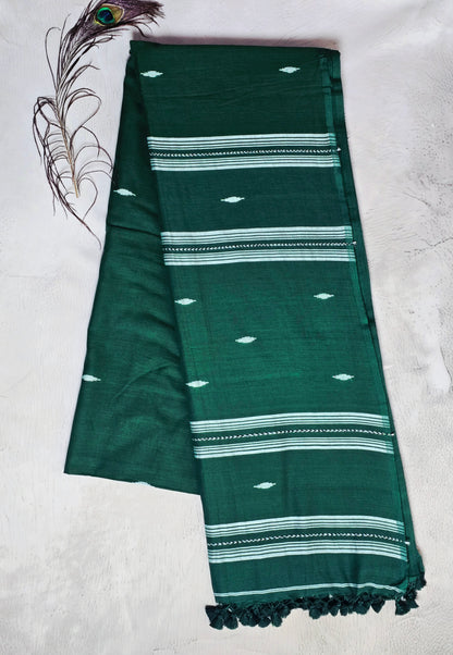 Emerald Green & White Jamdani Woven Mul Cotton Saree with Handcrafted Tassels