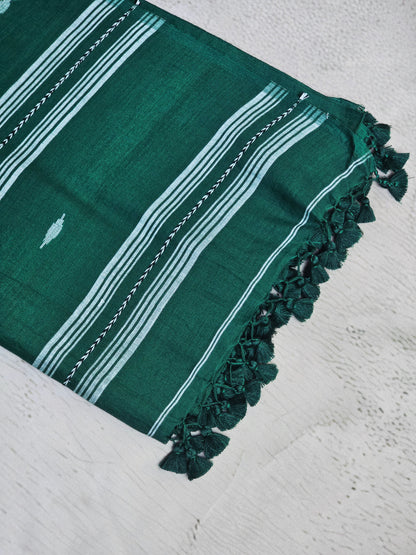 Emerald Green & White Jamdani Woven Mul Cotton Saree with Handcrafted Tassels