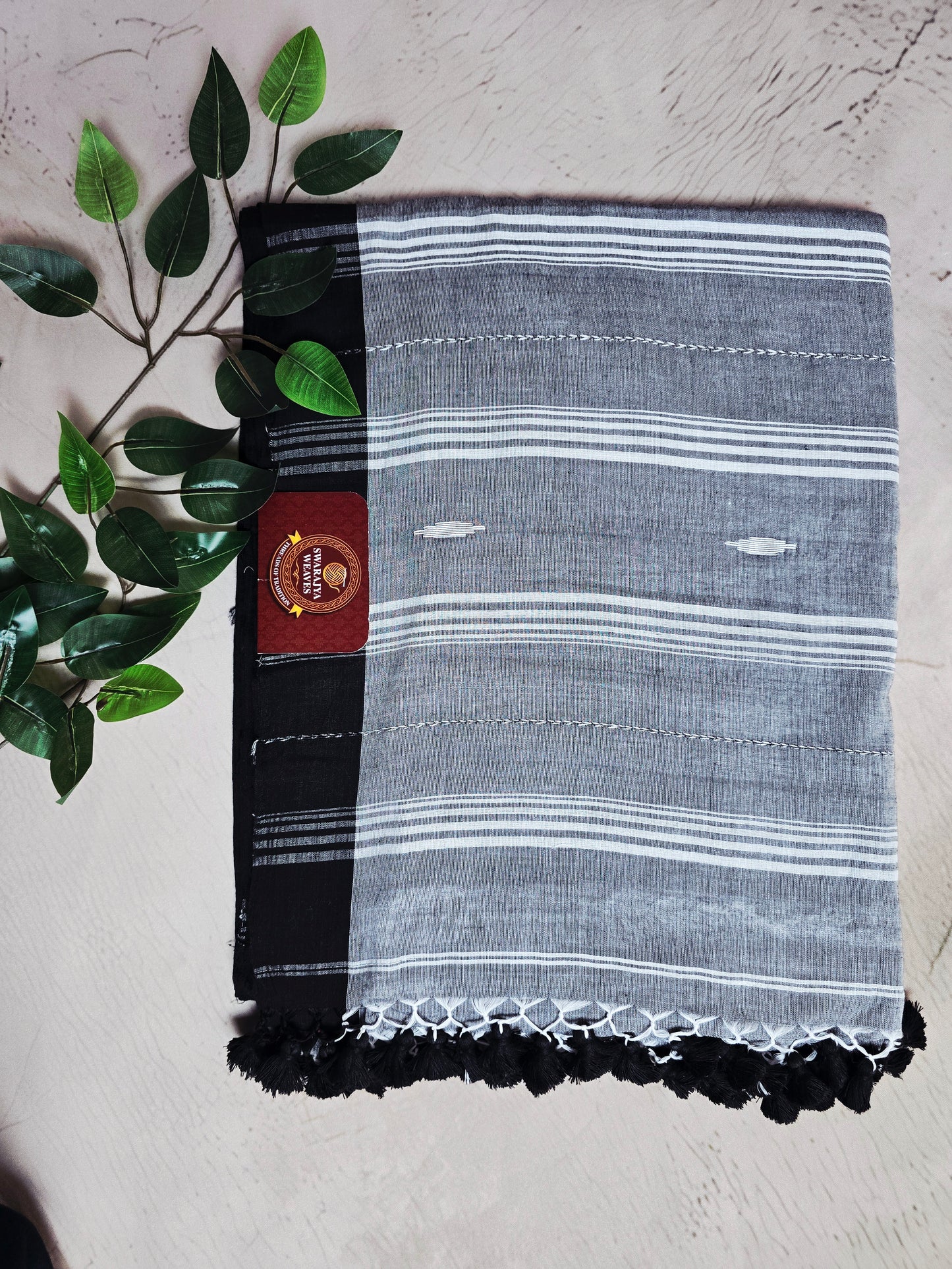 Black, Grey & White Jamdani Woven Mul Cotton Saree with Black Tassels